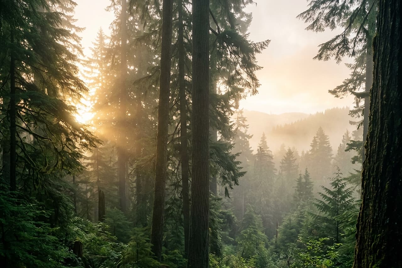 Misty Pacific Northwest evergreen forest at golden-hour dawn — K&J Tree Works, Snohomish & King County tree service